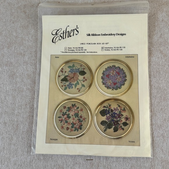 Esther's Silk Ribbon Embroidery Design Large Porcelain Box Lid Kit Interwine VTG - Picture 1 of 2